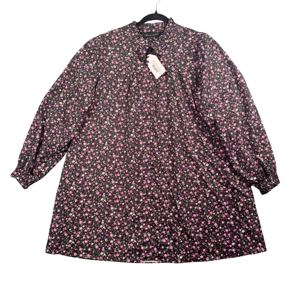 NWT English Factory Womens XL Black Floral Mini Dress Puff Sleeve Cottagecore
